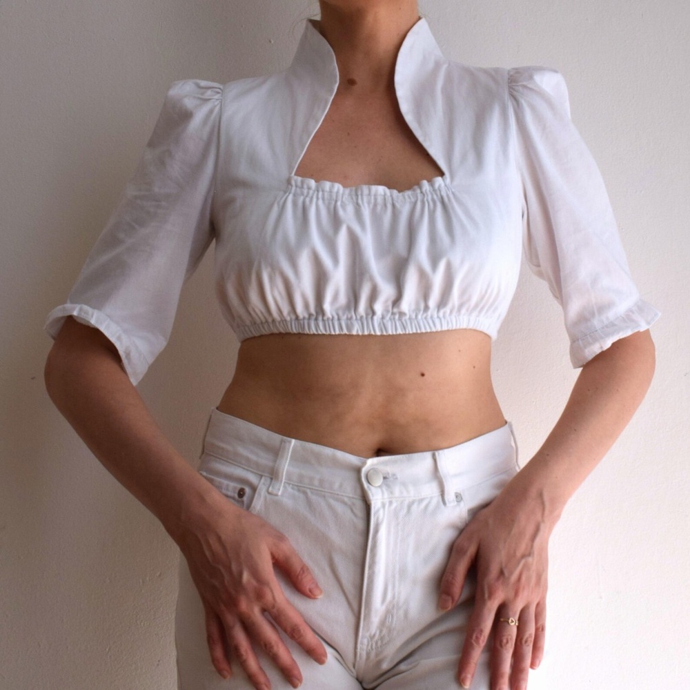 White Cropped Square-Neck Top with Puff Sleeves